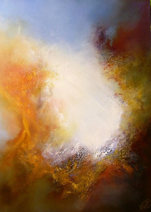 In the Beginning III (Abstract/Expressionist oil painting on deep edge canvas 70cms X 50cms) by Gillian Luff