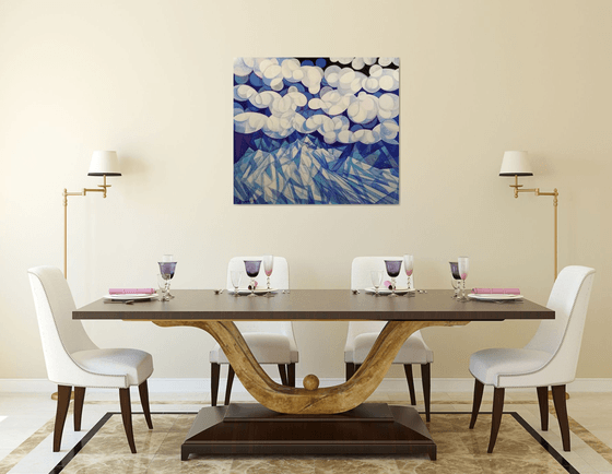 Winter evening (90x80cm, cubism, oil painting, ready to hang)
