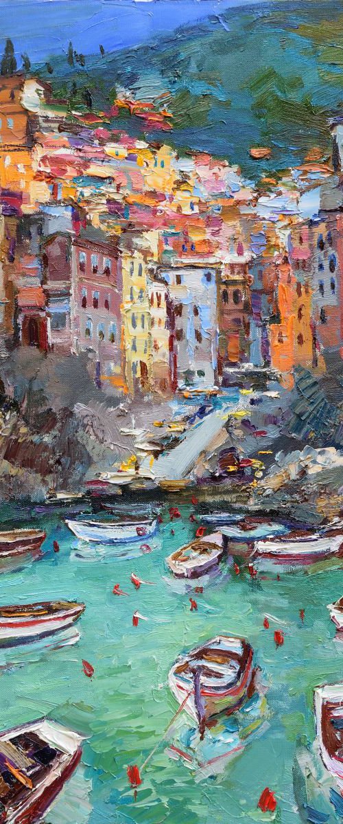 Riomaggiore, Cinque terre - Italian Landscape painting by Anastasiia Valiulina