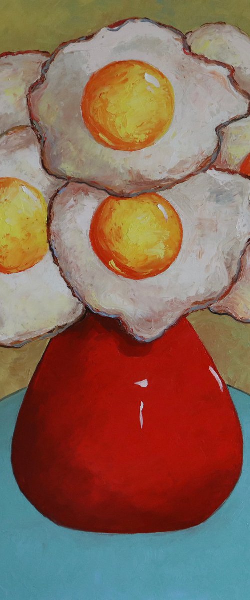 Egg flowers in a red vase by Ta Byrne
