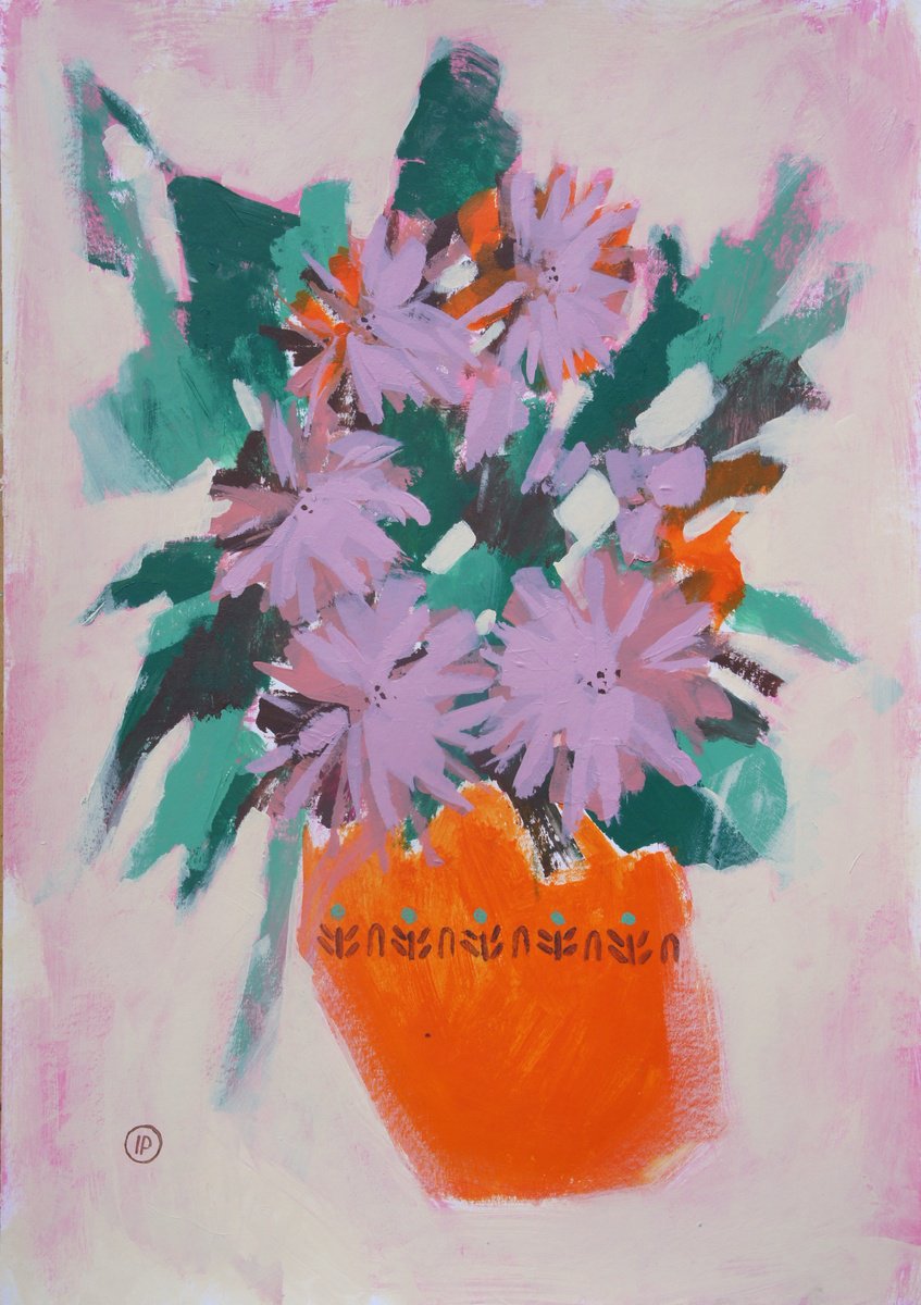 Impressionistic Botanical Acrylic Painting By Irina Plaksina, 12 X 17, Bouquet In Orange Vase, Original Artwork