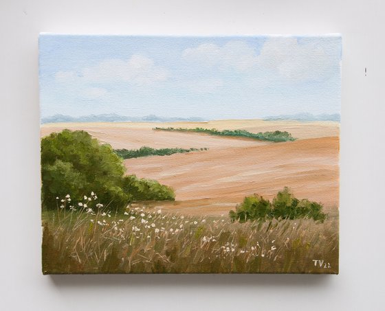 Summer Nature. Oil Painting. Canvas. Fields. Green Trees. Artwork 8 x 10