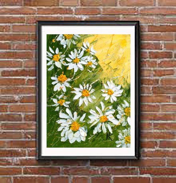 Daisy Painting Floral Original Art OIl Painting Chamomile Meadow Abstract Flowers Impasto Pallete Knife Small Home Wall Art 6 by 8"