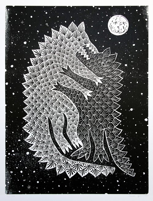 Linocut Print, Dragon fight by Anna Grincuka