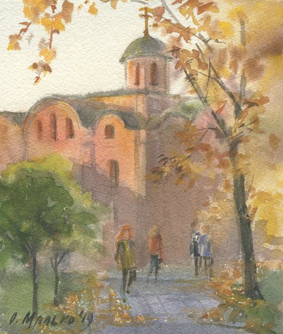 Autumn Podil / Fall watercolor Terracotta church