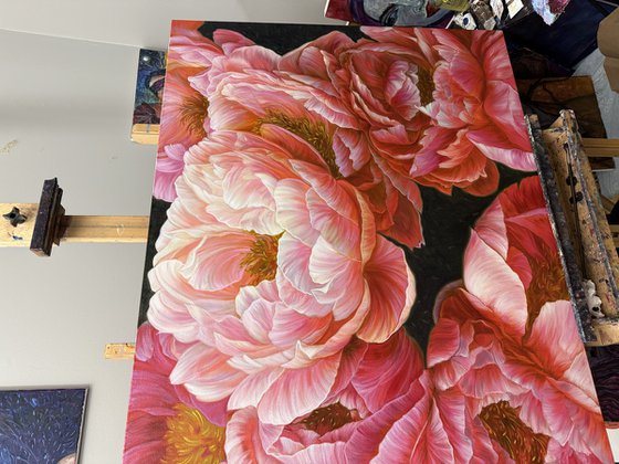 Red peonies on dark background