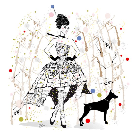 Bernadette and her Dog - Dog Art - Fashion - Dog Sitter