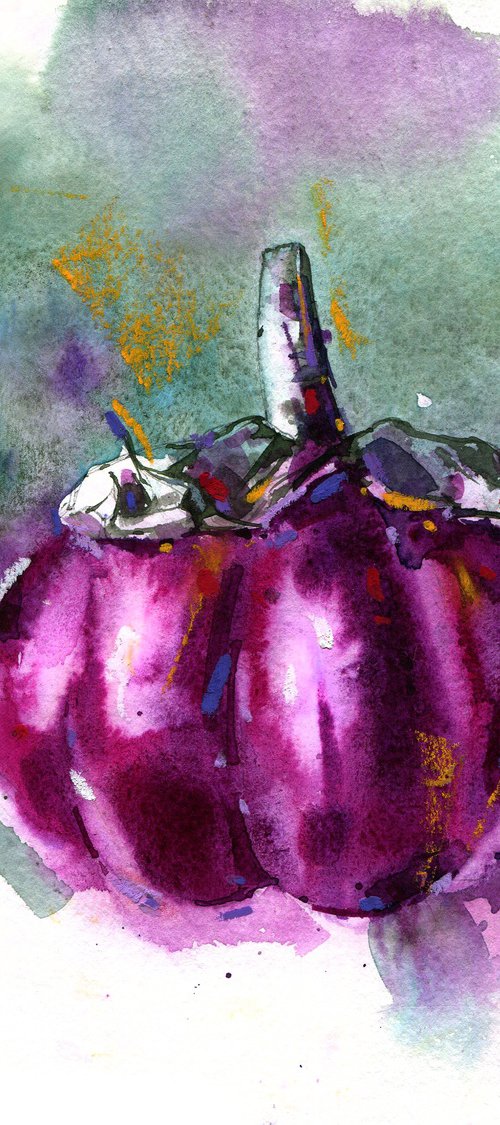 "Eggplant. Harvest Time" - Textured abstract botanical mixed media artwork in bright purple colors by Ksenia Selianko