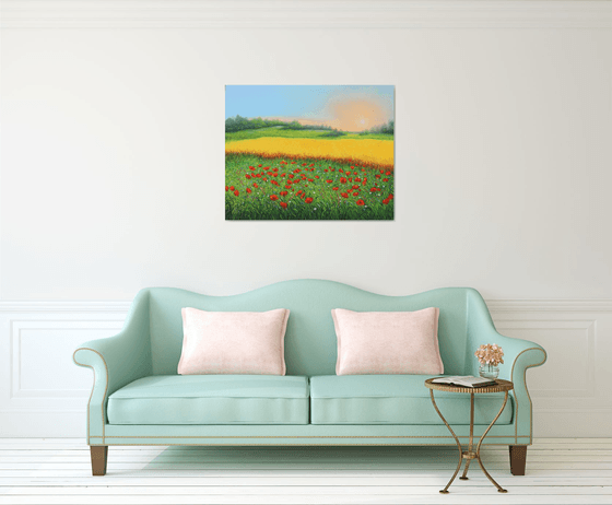 Sunrise at wheat field and poppy meadow