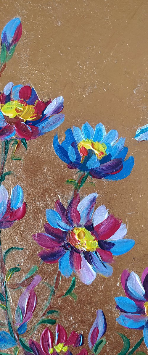 Flight in flowers - acrylic, bumblebee, flowers, painting, chamomile, gift idea, acrylic painting, small painting, postcard size by Anastasia Kozorez