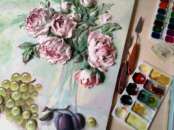 Still life with grapes and peonies - Fresh cut flowers and ripe fruit are always on your table, 70x50x6 cm depts