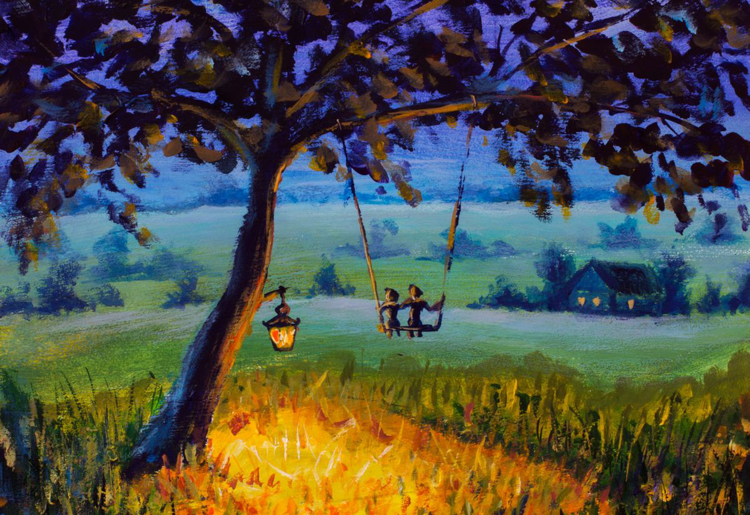 Painting Evening Rustic Landscape A Lantern Han Artfinder