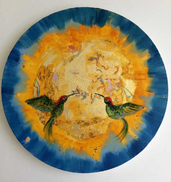 To the Sun - Mixed media round painting with two birds