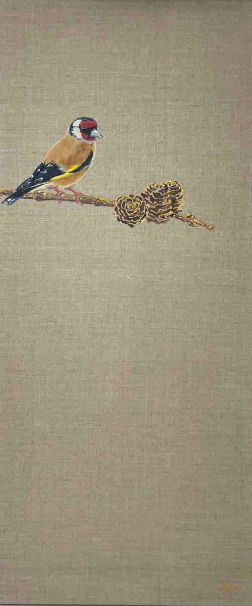 Goldfinch with Golden Pinecones by Hannah  Bruce