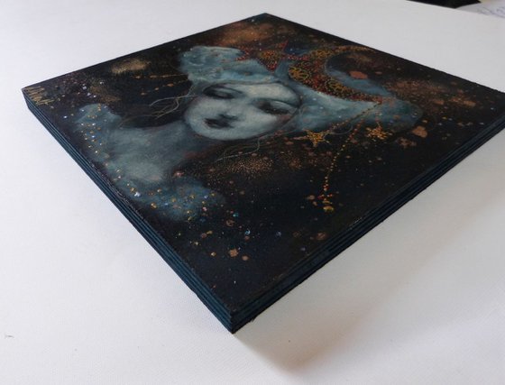 "Precious Heavenly" woman- moon portrait mix media on wood  20x20cm