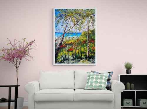 Palm tree beach painting Medium-sized impressionistic landscape, sea and sky acrylic paintings  by Olya Shevel by Olya Shevel