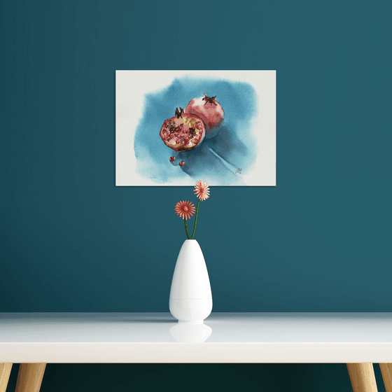 Pomegranate on blue Watercolor fruits for kitchen