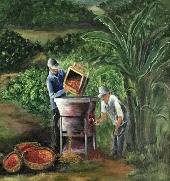 Harvesting Coffee Bean Original Landscape Oil Painting Framed One of a Kind