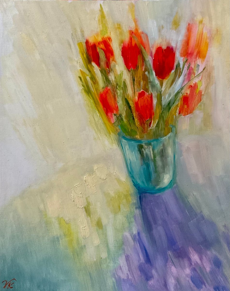 Impressionistic Botanical Oil Painting By Vera Klimova, 16 X 20", Tulips Bathing In The Sunlight, Original Artwork