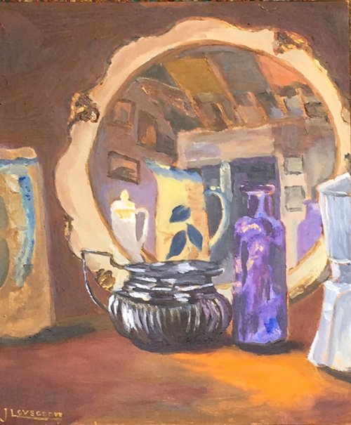 Still Life of Antique Objects before a gilded mirror on a table! Lovely Painting! by Julian Lovegrove Art