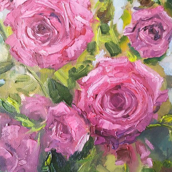 Pink tea roses original oil painting still life 9x7"