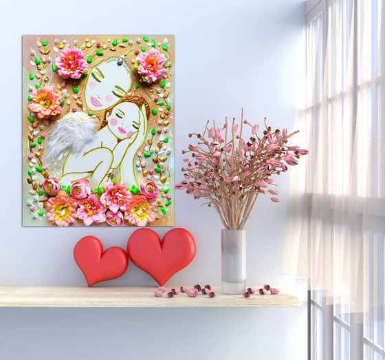 Love Mother Earth and baby angel. Summer floral woman with pink flowers