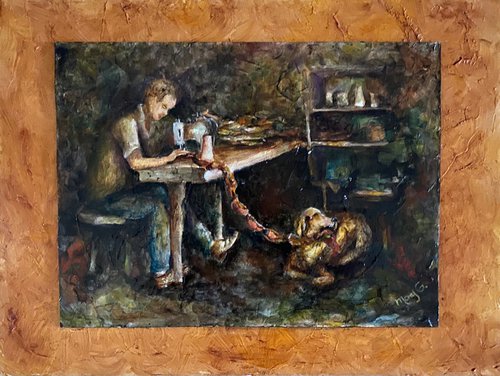 Unique Original Oil Painting of a Vintage Cobbler and it’s Helper 9x12 on 12x16 glazed panel by Mary Gullette