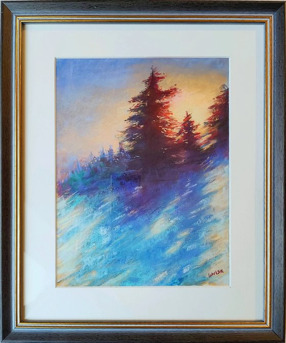 FRAMED: Winter Sunset | Original pastel painting (2017) Hand-painted Art Small Artist | Mediterranean Europe Impressionistic