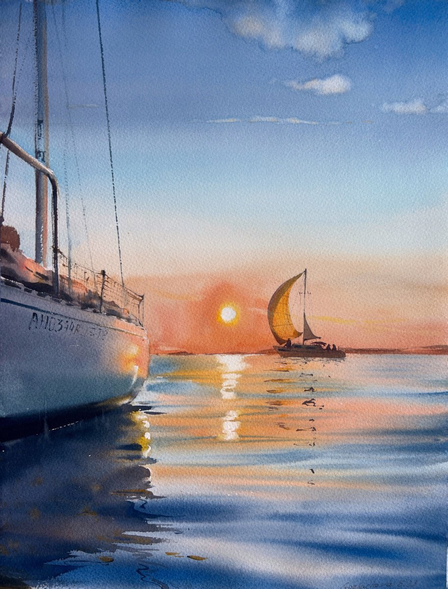 Yachts at sunset #10 by Eugenia Gorbacheva