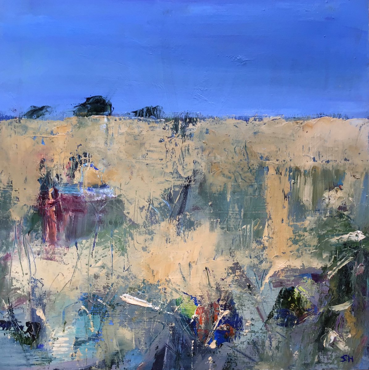 Abstract Landscape Oil Painting By Sandra Haney, 12 X 12", Indian Summer, Original Artwork