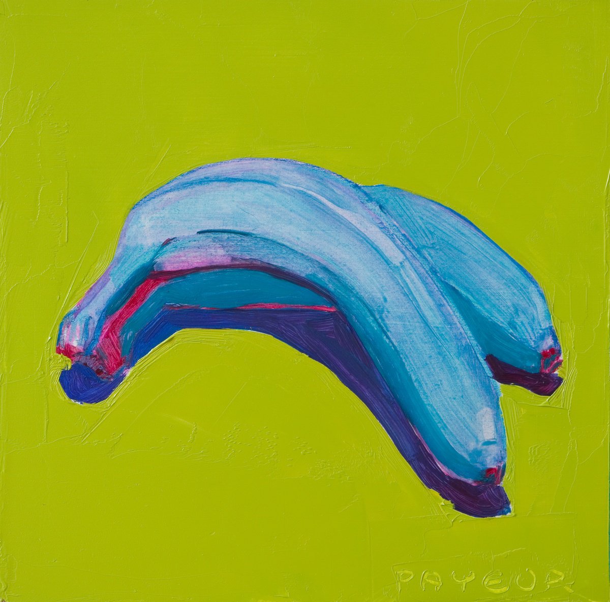 modern pop art still life of blue banana on green background by Olivier Payeur