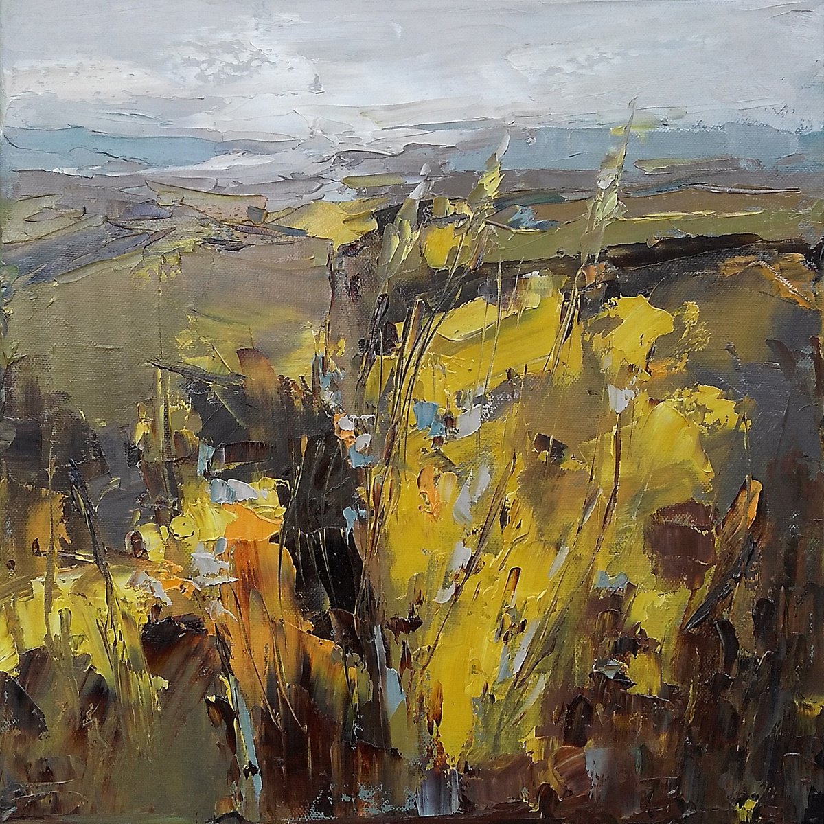 WOULD YOU SIT WITH ME FOR A WHILE, 40x40cm, autumn fields landscape by Emilia Milcheva
