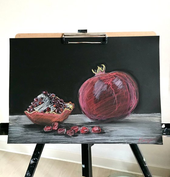 Pomegranates still life pastel drawing 27x39 cm