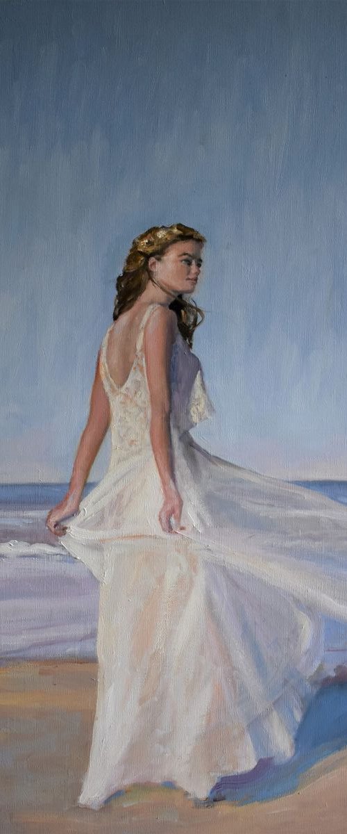 Sea Breeze-Impressionist beach figure oil painting. 50x70cm. by Jackie Smith