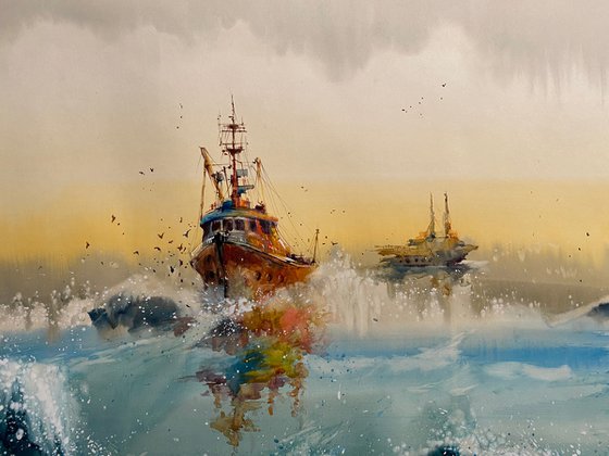 Sold Watercolor "Old boat IV” gift For Him