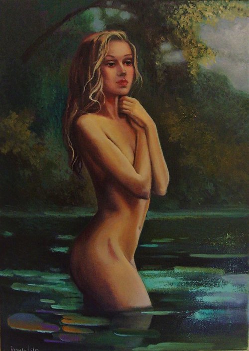 Nude Surrounded by Water Lilies - 50 x 70cm Original oil Painting by Reneta Isin