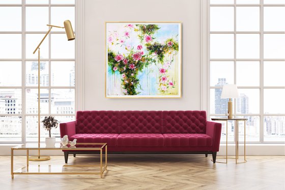 Trailing Roses Large Abstract Flower Painting 100x100cm 39x39" Modern Flower Painting Bedroom Decor Hotel Decor Pink and Greens Bright Artwork