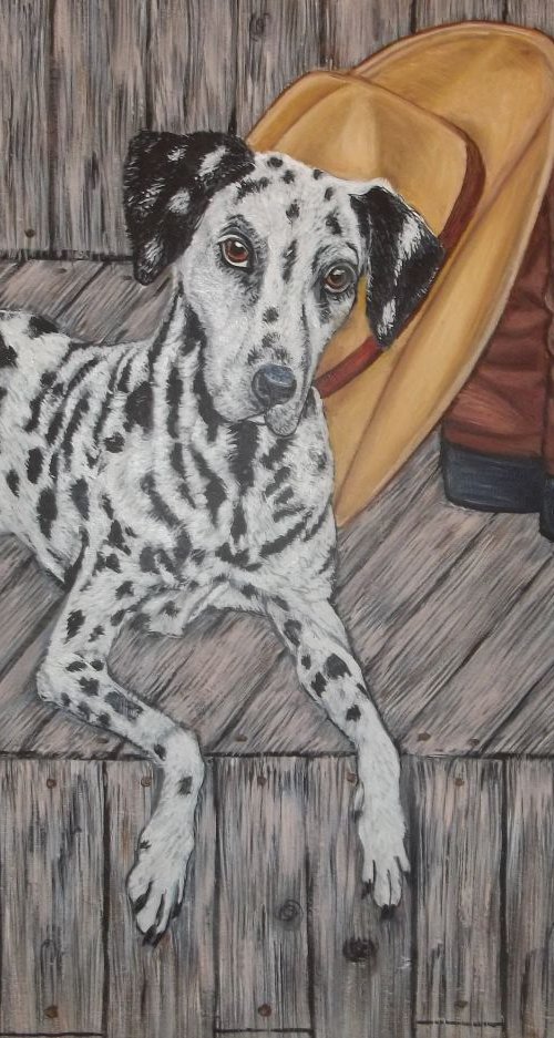 original oil painting "Waiting for you" Dalmatian and still life- size 20"x 16" by Sofya Mikeworth