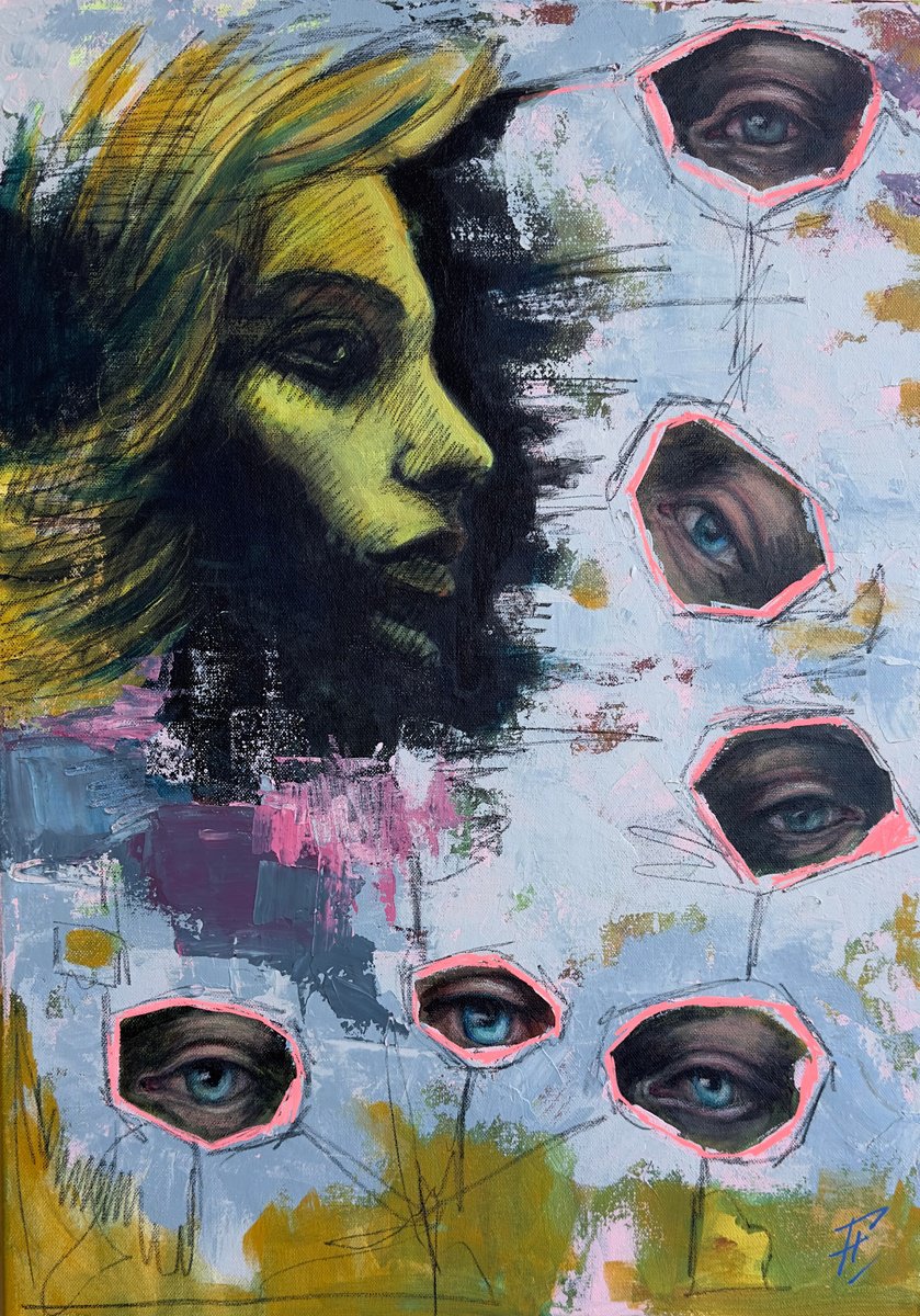 Surrealistic Portrait Acrylic Painting By Nikola Gulev, 20 X 28", "Hidden Reflections", Original Artwork