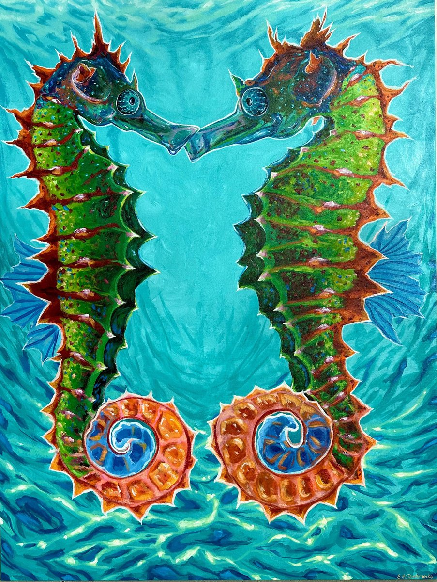 Impressionistic Animal Acrylic Painting By Elena Adele Dmitrenko, 36 X 48, Seahorses, Original Artwork