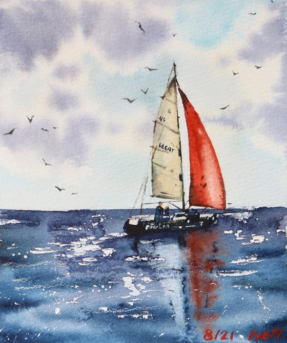 Red sail. Watercolor artwork.