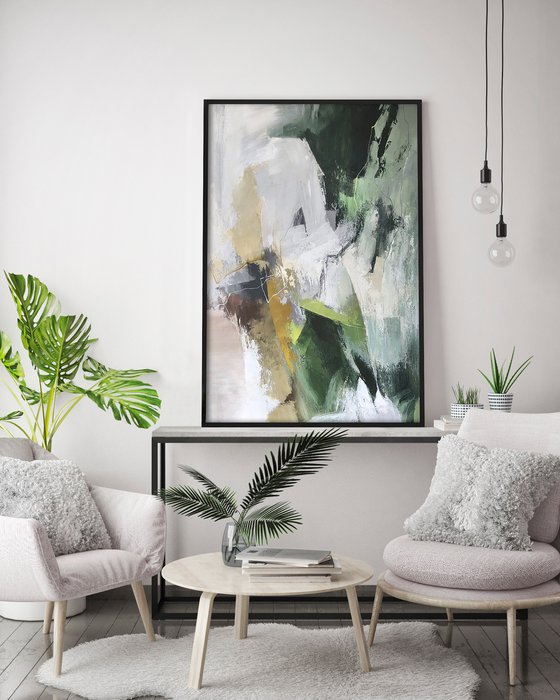"Green Glory 5" Dark green gray abstract art