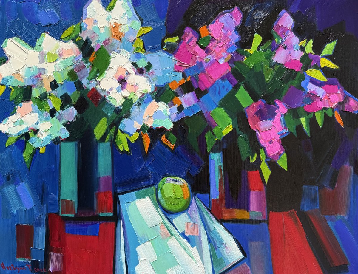 Impressionistic Still Life Oil Painting By Tigran Avetyan, 20 X 26", Lilac Flowers, Original Artwork