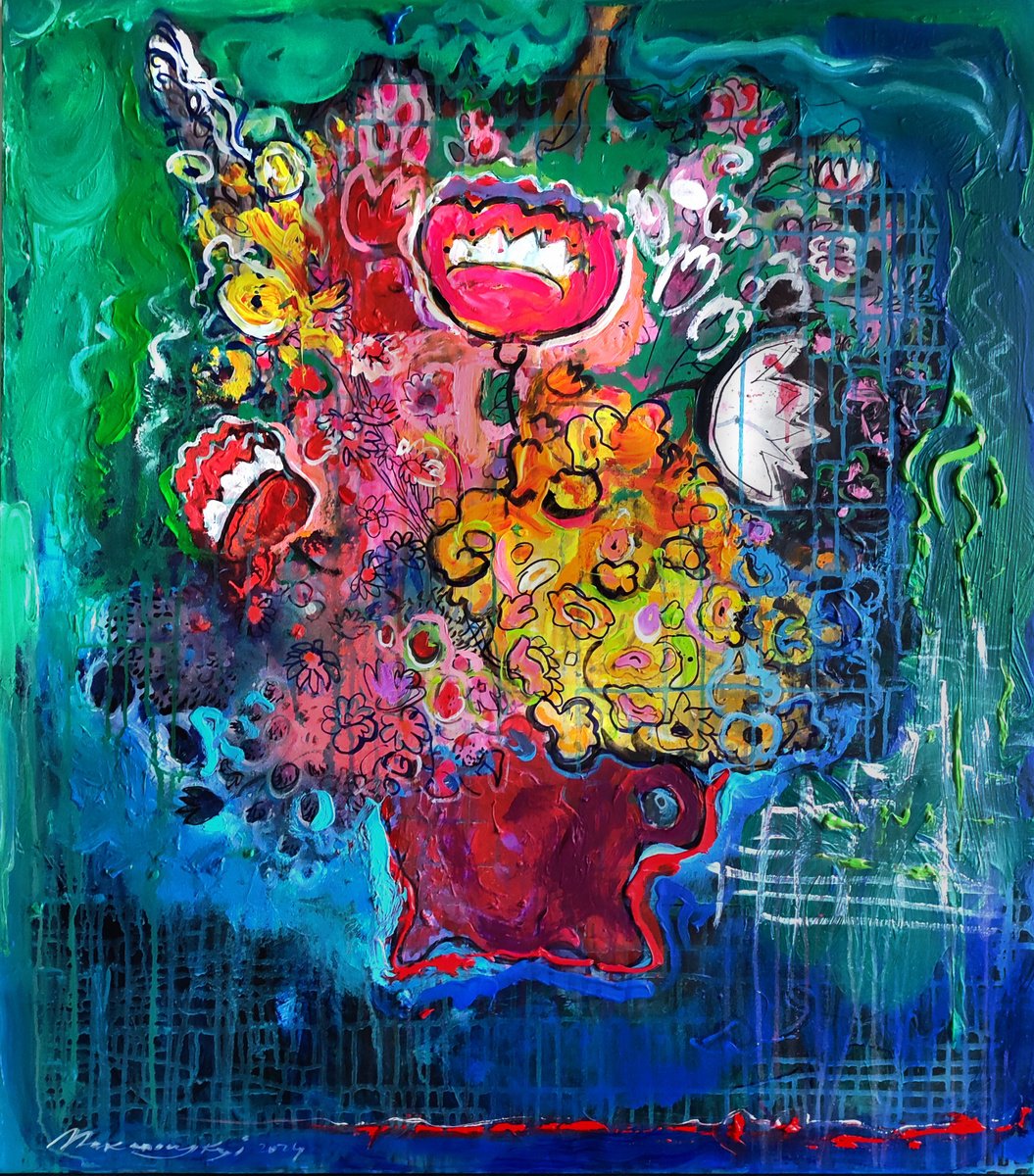 Impressionistic Botanical Acrylic Painting By Pavlo Makedonskyi, 37 X 41", Flowers, Original Artwork