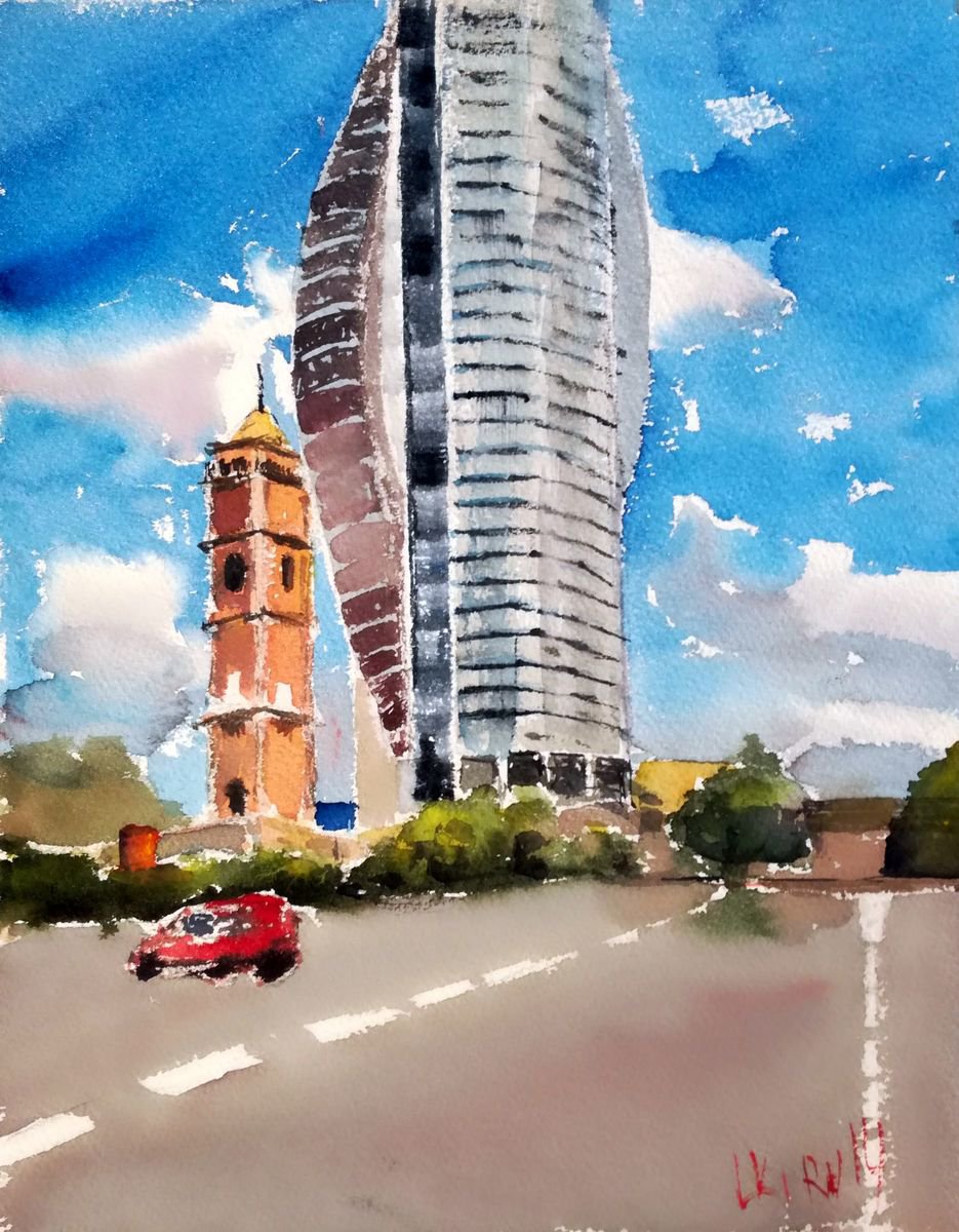Expressive Cityscapes Watercolour By Leonid Kirnus, 10 X 13", The Neighbors, Original Artwork