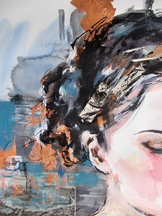 Hearing a Dream -\Woman Portait Acrylic Mixed Media  Painting on Paper