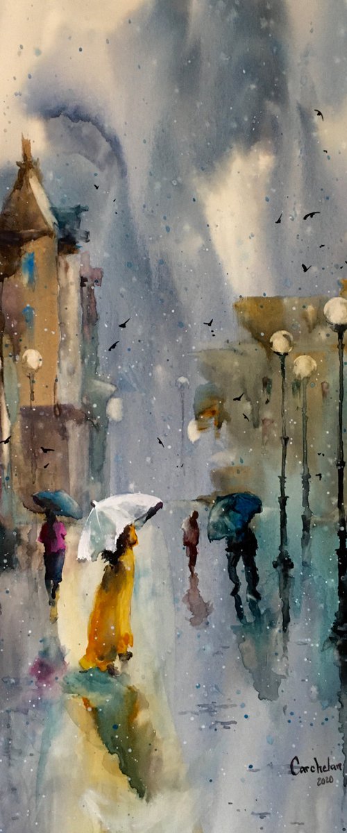 SOLD Watercolor “Sudden rain. Moody nature@ by Iulia Carchelan