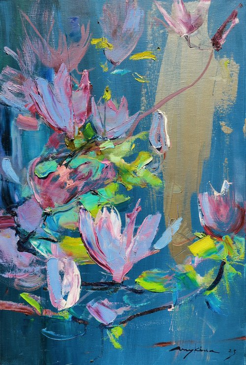 Magnolia on blue and silver . Blooming branch . Original oil painting by Helen Shukina