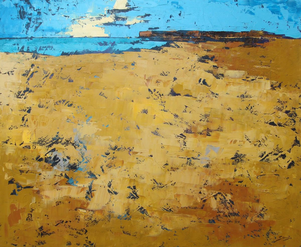 Abstract Landscape Oil Painting By Saroja Van Der Stegen, 26 X 21", Ochre Beach (Ref#:1178-12F), Original Artwork