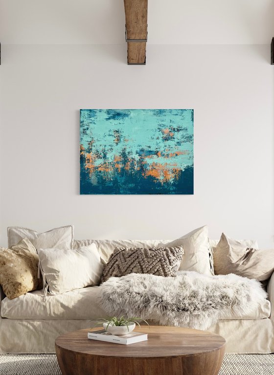 BLUE TEMPTATION - 60 x 80 CM - TEXTURED ABSTRACT PAINTING ON CANVAS * BRIGHT BLUE * PETROL * GOLD * COPPER